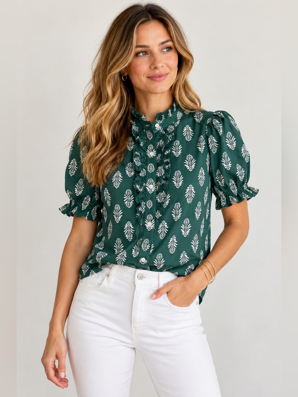 J.Crew Ruffle Front Printed Cotton Blouse Top Green White XS